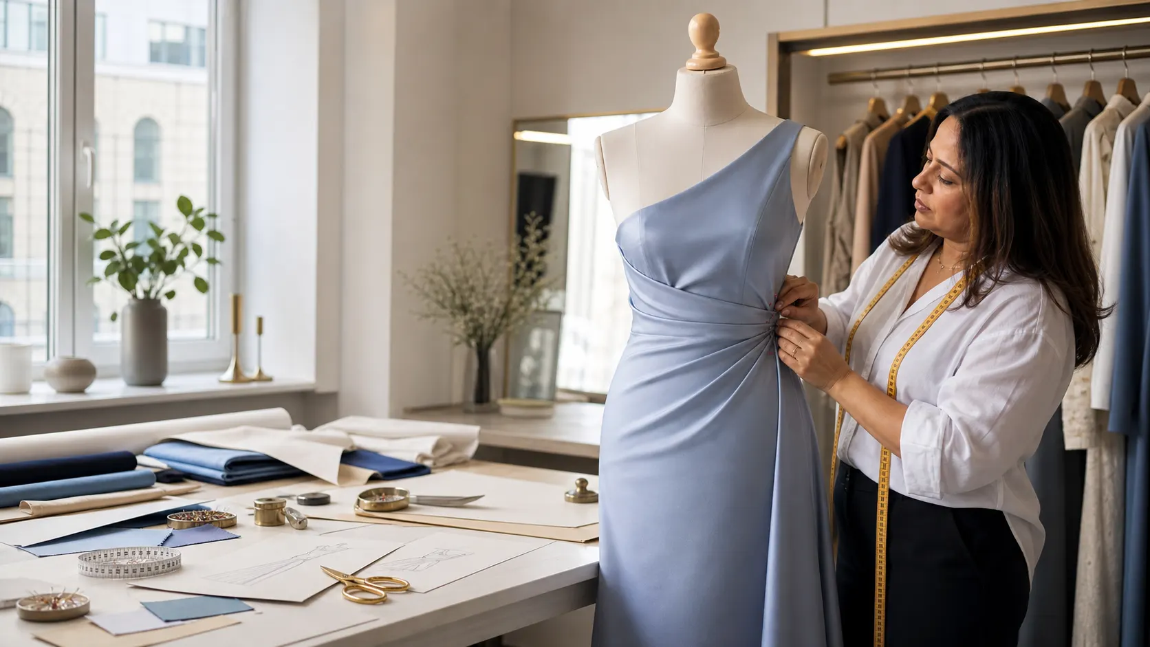 Double Stitch by Sumu creating a custom modern party dress for prom and graduation clients in a Helsinki alteration studio
